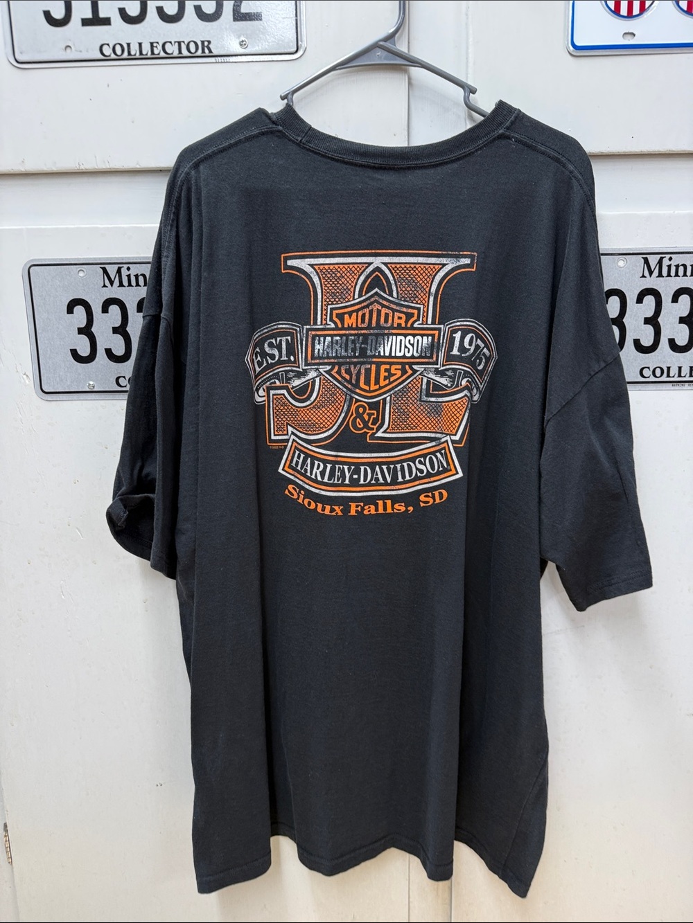 Harley-Davidson Black Tee with Orange & White Sioux Falls Graphic